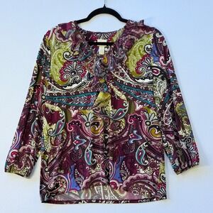 Chicos‎ 1 Petite Medium Paisley Ruffle Blouse Bright Artsy Boho 3/4 Sleeve Top